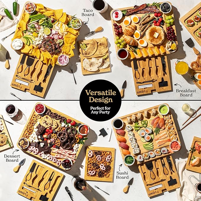 SMIRLY Charcuterie Boards Set - Large Bamboo Cheese Board Set - House Warming Gifts New Home, Wedding Gift for Couple, Bridal Shower Gift, Birthday Gifts for Women