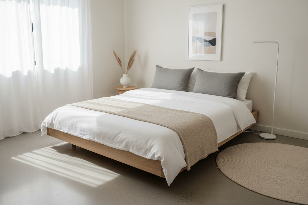 minimal bedding in a calm modern bedroom interior