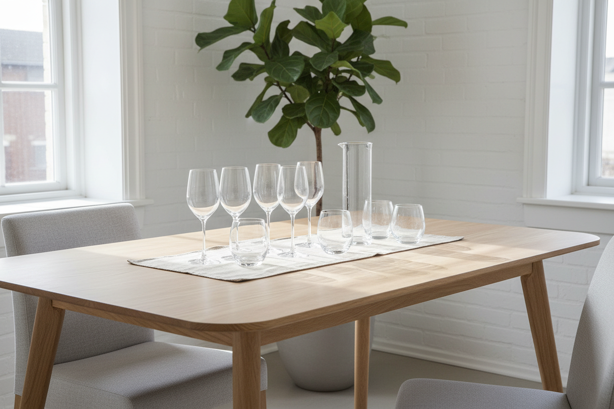 minimal glassware arranged on a modern dining table