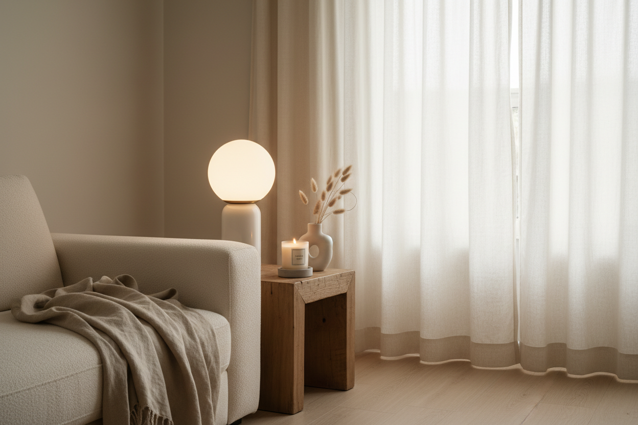 Where Warmth Meets Intention — Warm neutral living room with soft ambient lighting, beige linen throw, ceramic vase, and scented candle