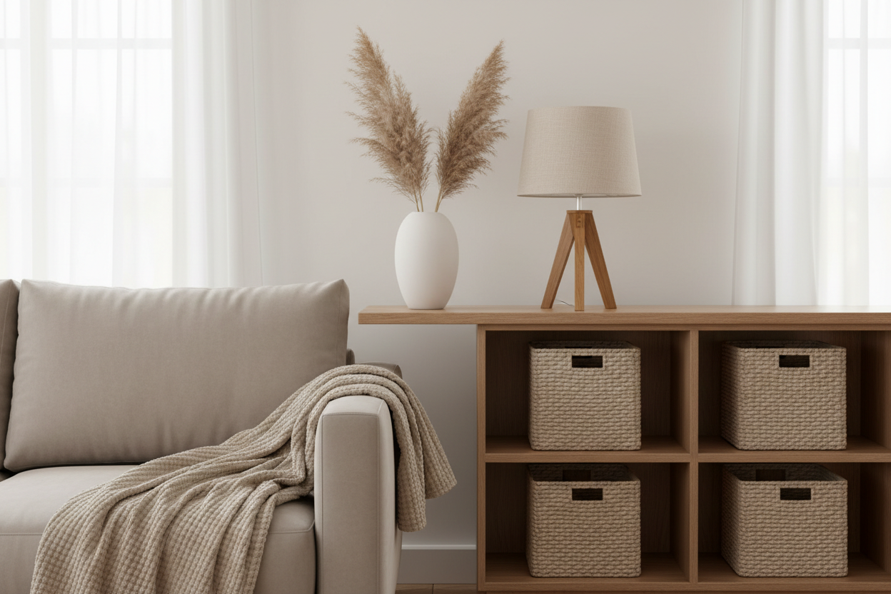 Minimalist home decor collection featuring white ceramic vases, wood table lamps, beige chenille blankets, and storage baskets in serene neutral tones