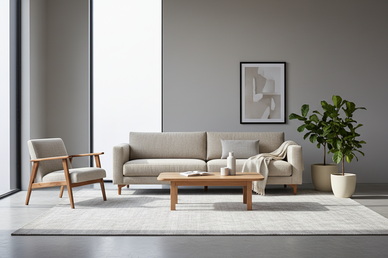 minimal sofas and armchairs in a modern living room interior