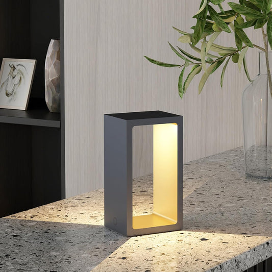 Minimalist Portable Cordless LED Desk Lamp, Adjustable Brightness Bedside Night Light, 7" High Aluminum Metal Table Lamp Battery Operated, Rechargeable Wireless Table Lamp for Home (Black + Gold)