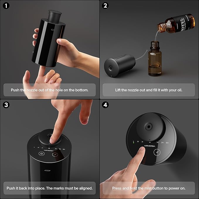Airversa Waterless Scent Diffuser Starter Kit – Portable Aromatherapy Machine with 4 Fragrance Oils, AN6 Black