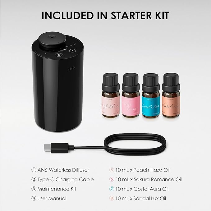 Airversa Waterless Scent Diffuser Starter Kit – Portable Aromatherapy Machine with 4 Fragrance Oils, AN6 Black