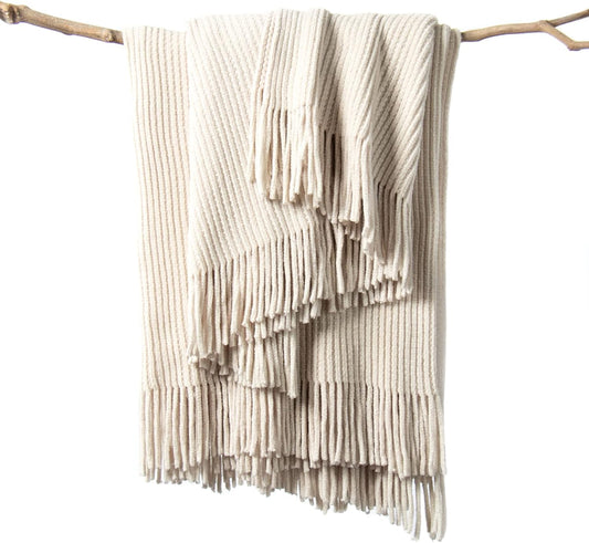 Chenille Knit Throw Blanket — Cream/White, Boho Soft, 50×60"