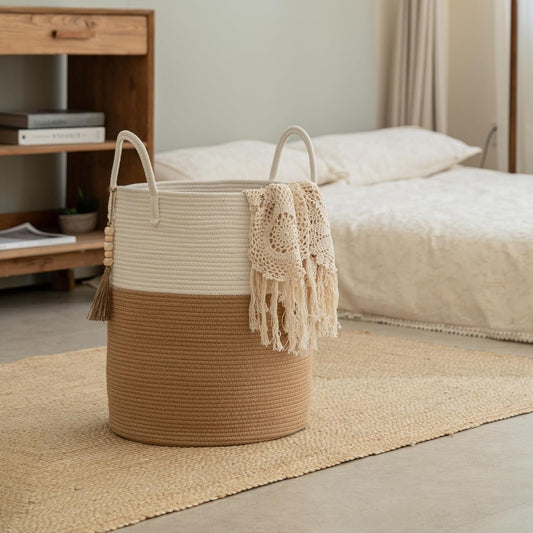 Boho Cotton Rope Storage Basket with Wooden Tassels