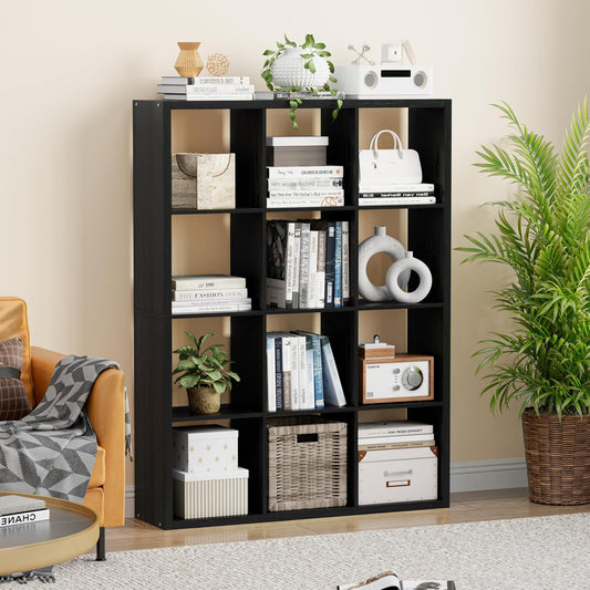 Cube Storage Organizer Bookcase, Decorative 11 inch Open Back Cubical Shelf with Thickened Border, Display Bookshelf for Living Room, Home Office, Sturdy Room (Black, 12 Cube)